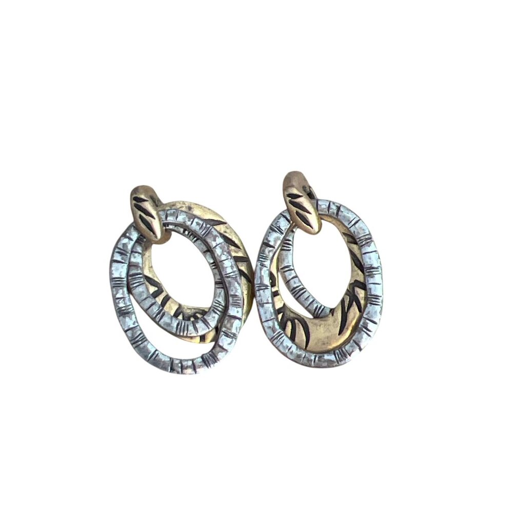 Chicos Silver Gold Tone Dangle Pierced Earrings Etched Layered Circles 1.25"